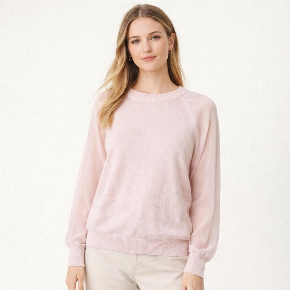 LOFT Blush Pink Knit Sweater with Sheer Raglan Sleeves XS - Picture 1 of 4